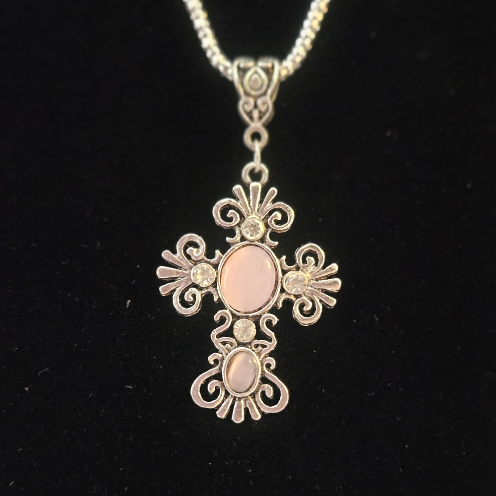 Pink Stone Filigree Cross Pendant Necklace